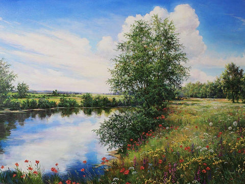 Slowly River White Modern Wood Framed Art Print with Double Matting by Cernov, Ivan