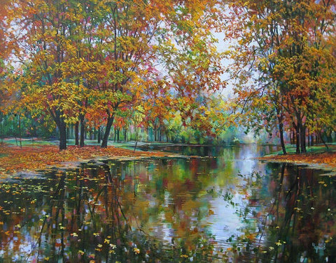 Autumn Mirror of River White Modern Wood Framed Art Print with Double Matting by Cernov, Ivan
