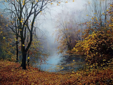 Autumn Dancing in the Fog Black Ornate Wood Framed Art Print with Double Matting by Cernov, Ivan