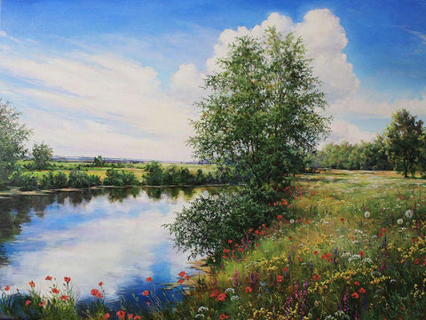 Flowers by the River White Modern Wood Framed Art Print with Double Matting by Cernov, Ivan