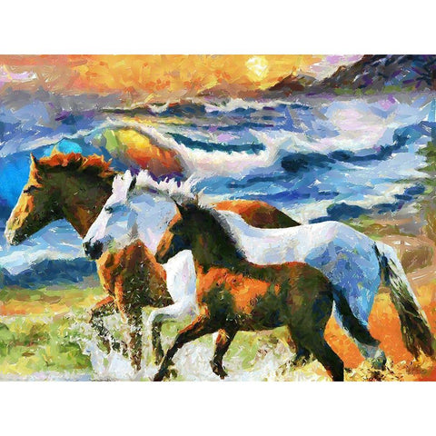 Three Horses by the Sea Black Modern Wood Framed Art Print with Double Matting by Medeiros, Celito