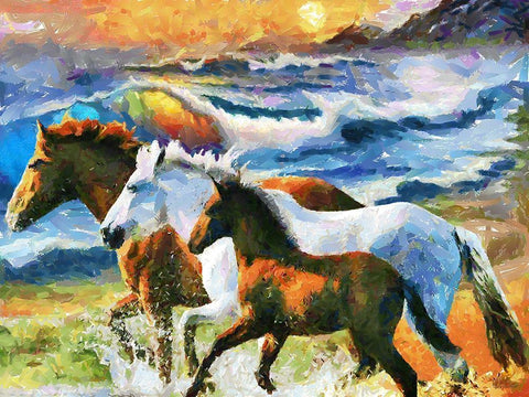 Three Horses by the Sea White Modern Wood Framed Art Print with Double Matting by Medeiros, Celito