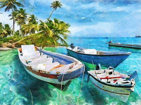 Boats in Caribic White Modern Wood Framed Art Print with Double Matting by Medeiros, Celito