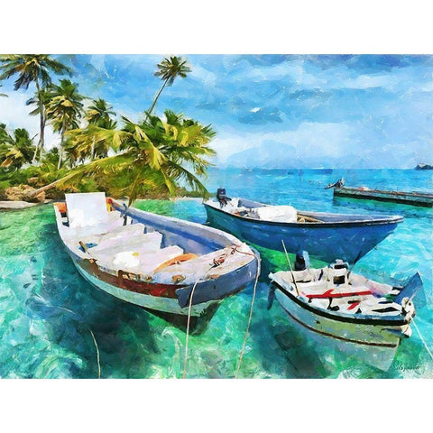 Boats in Caribic Black Modern Wood Framed Art Print by Medeiros, Celito