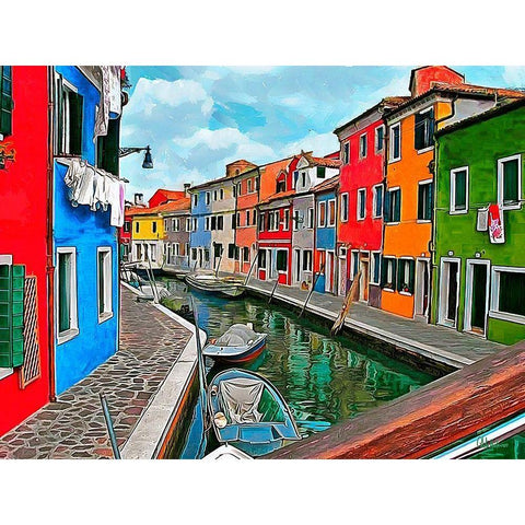 Boats with colorful Houses I Black Modern Wood Framed Art Print with Double Matting by Medeiros, Celito