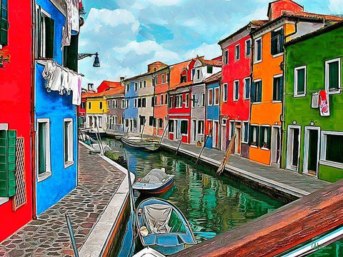 Boats with colorful Houses I White Modern Wood Framed Art Print with Double Matting by Medeiros, Celito