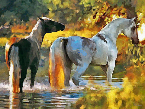 Horses in Water White Modern Wood Framed Art Print with Double Matting by Medeiros, Celito