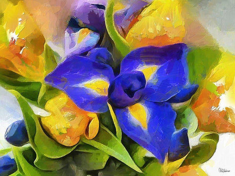 Yellow and Blue Flowers White Modern Wood Framed Art Print with Double Matting by Medeiros, Celito