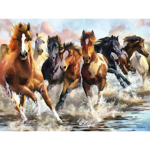 Horses Running in Water Gold Ornate Wood Framed Art Print with Double Matting by Medeiros, Celito