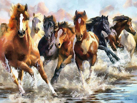 Horses Running in Water Black Ornate Wood Framed Art Print with Double Matting by Medeiros, Celito