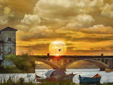 Sunrise Over the Bridge White Modern Wood Framed Art Print with Double Matting by Medeiros, Celito