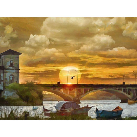 Sunrise Over the Bridge Black Modern Wood Framed Art Print by Medeiros, Celito