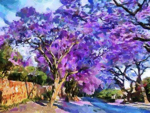 Purple Trees Black Ornate Wood Framed Art Print with Double Matting by Medeiros, Celito