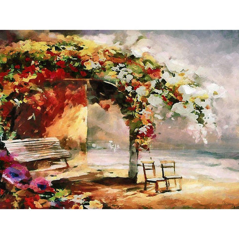 Two Chairs and Bench White Modern Wood Framed Art Print by Medeiros, Celito