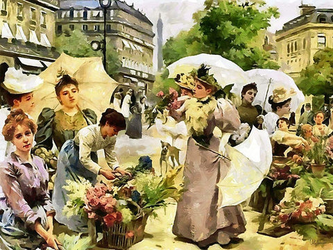 Flower Market a Houndred Years Ago White Modern Wood Framed Art Print with Double Matting by Medeiros, Celito