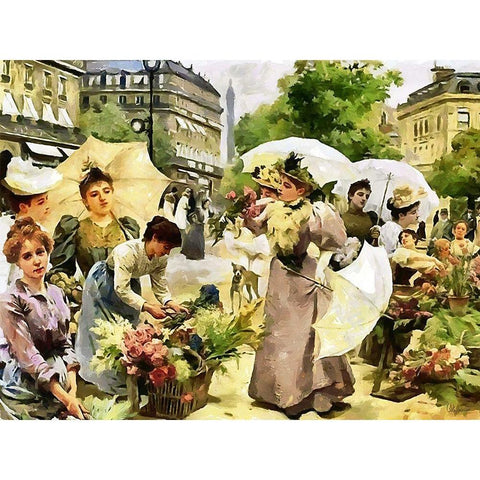 Flower Market a Houndred Years Ago White Modern Wood Framed Art Print by Medeiros, Celito