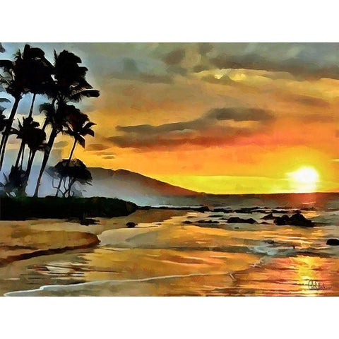 Sunset over the Sea horizontal White Modern Wood Framed Art Print by Medeiros, Celito