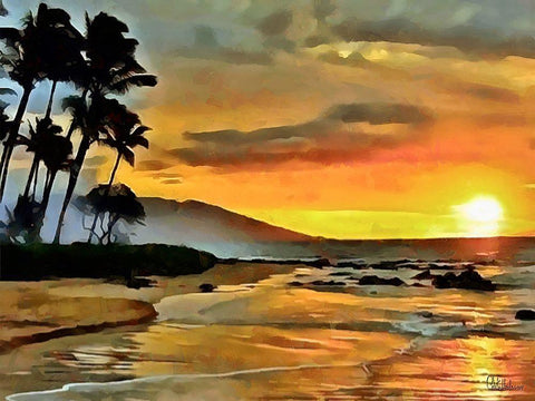 Sunset over the Sea horizontal Black Ornate Wood Framed Art Print with Double Matting by Medeiros, Celito