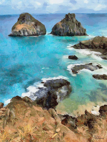 Rocks in Blue Sea White Modern Wood Framed Art Print with Double Matting by Medeiros, Celito