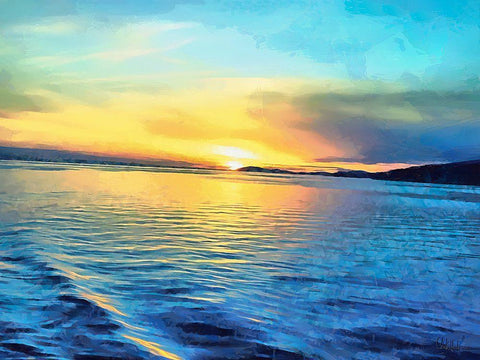 Sunset over blue Sea White Modern Wood Framed Art Print with Double Matting by Medeiros, Celito