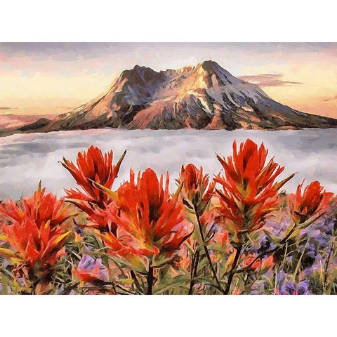Mountain with Red Flowers in the Front Gold Ornate Wood Framed Art Print with Double Matting by Medeiros, Celito