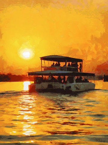 Sunset above the River with Boat White Modern Wood Framed Art Print with Double Matting by Medeiros, Celito