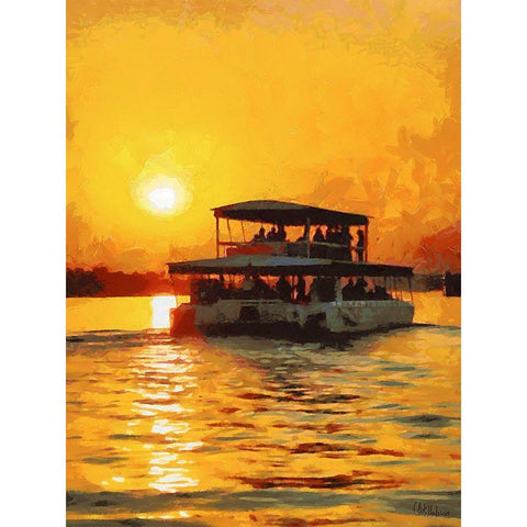 Sunset above the River with Boat Black Modern Wood Framed Art Print by Medeiros, Celito