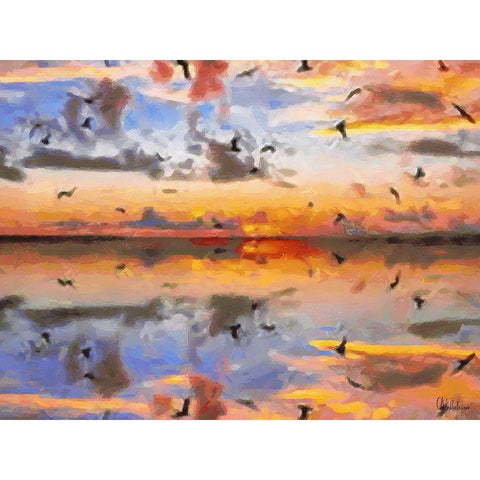 Sunset with Seagulls Black Modern Wood Framed Art Print with Double Matting by Medeiros, Celito