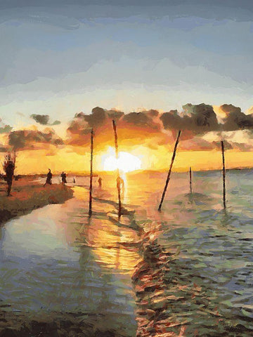 Fishermans by Sunset Black Ornate Wood Framed Art Print with Double Matting by Medeiros, Celito