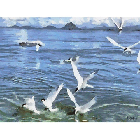 Seagulls White Modern Wood Framed Art Print by Medeiros, Celito