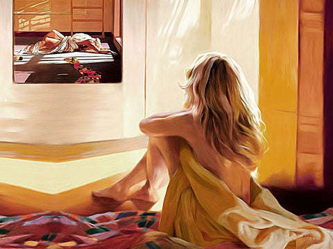 Blond Girl Sitting on the Bed Black Ornate Wood Framed Art Print with Double Matting by Medeiros, Celito