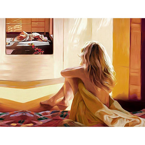 Blond Girl Sitting on the Bed White Modern Wood Framed Art Print by Medeiros, Celito