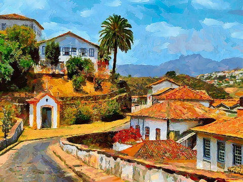 White Houses with Orange Roofs White Modern Wood Framed Art Print with Double Matting by Medeiros, Celito