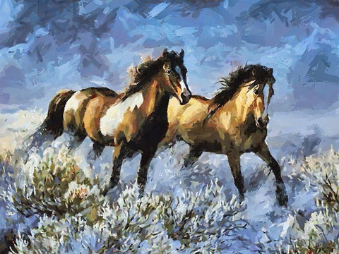 Running Horses in Snow Black Ornate Wood Framed Art Print with Double Matting by Medeiros, Celito