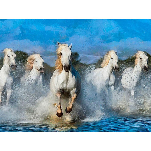 White Running Horses II Gold Ornate Wood Framed Art Print with Double Matting by Medeiros, Celito