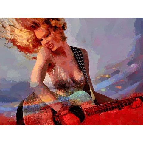 Girl with Guitare White Modern Wood Framed Art Print by Medeiros, Celito