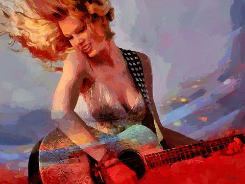 Girl with Guitare White Modern Wood Framed Art Print with Double Matting by Medeiros, Celito