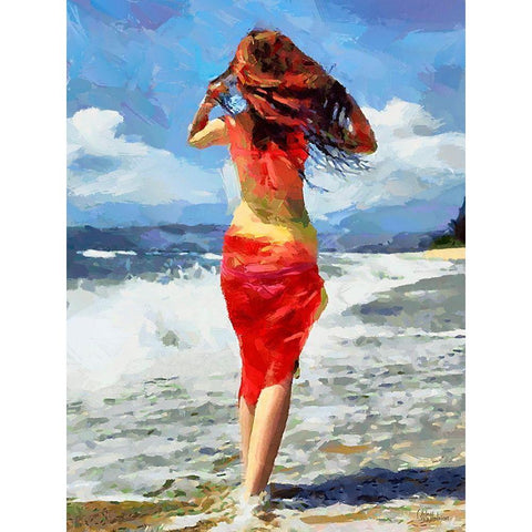 Girl on the Beach Gold Ornate Wood Framed Art Print with Double Matting by Medeiros, Celito