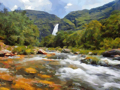 River with Watterfall Black Ornate Wood Framed Art Print with Double Matting by Medeiros, Celito