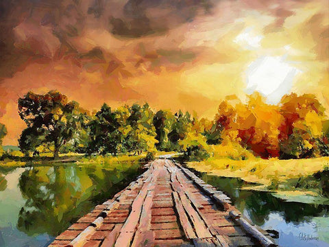Wooden Bridge White Modern Wood Framed Art Print with Double Matting by Medeiros, Celito