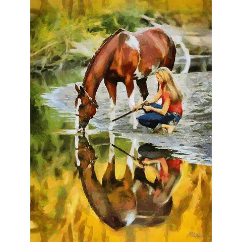 Girl with Drinking Horse Gold Ornate Wood Framed Art Print with Double Matting by Medeiros, Celito