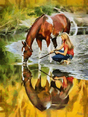 Girl with Drinking Horse White Modern Wood Framed Art Print with Double Matting by Medeiros, Celito