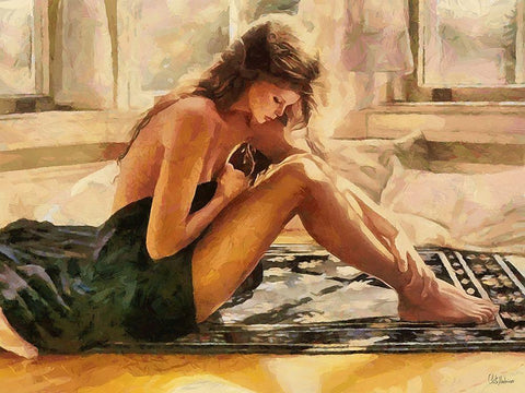 Nice sitting Girl White Modern Wood Framed Art Print with Double Matting by Medeiros, Celito