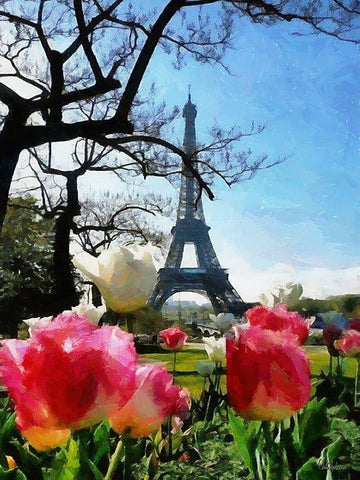 Eiffel Tower with Tulips White Modern Wood Framed Art Print with Double Matting by Medeiros, Celito