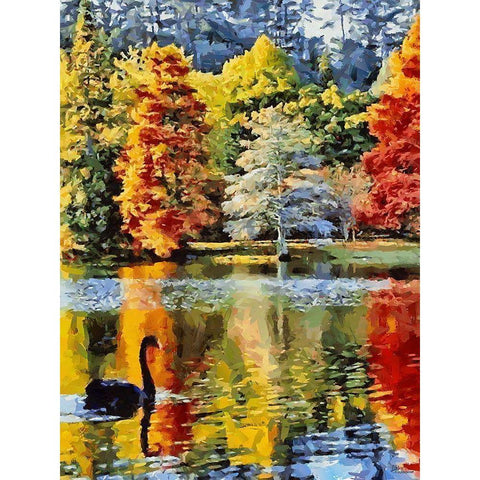 Black Swan with colorful Trees Black Modern Wood Framed Art Print with Double Matting by Medeiros, Celito