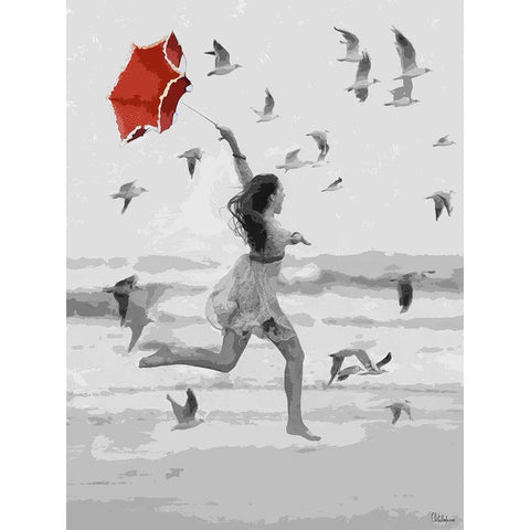 Girl with Red Umbrella I White Modern Wood Framed Art Print by Medeiros, Celito