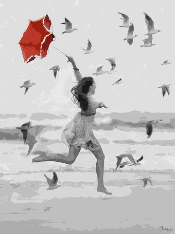 Girl with Red Umbrella I Black Ornate Wood Framed Art Print with Double Matting by Medeiros, Celito