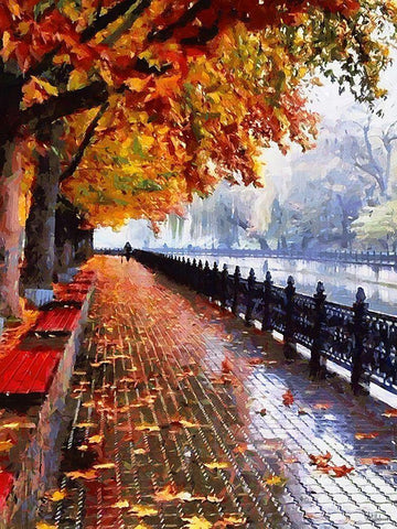Autumn Waterfront Black Ornate Wood Framed Art Print with Double Matting by Medeiros, Celito