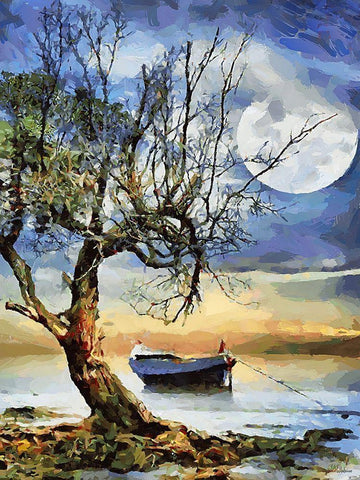 Boat, Tree and Moon White Modern Wood Framed Art Print with Double Matting by Medeiros, Celito