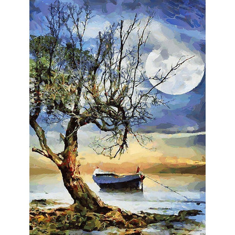 Boat, Tree and Moon White Modern Wood Framed Art Print by Medeiros, Celito